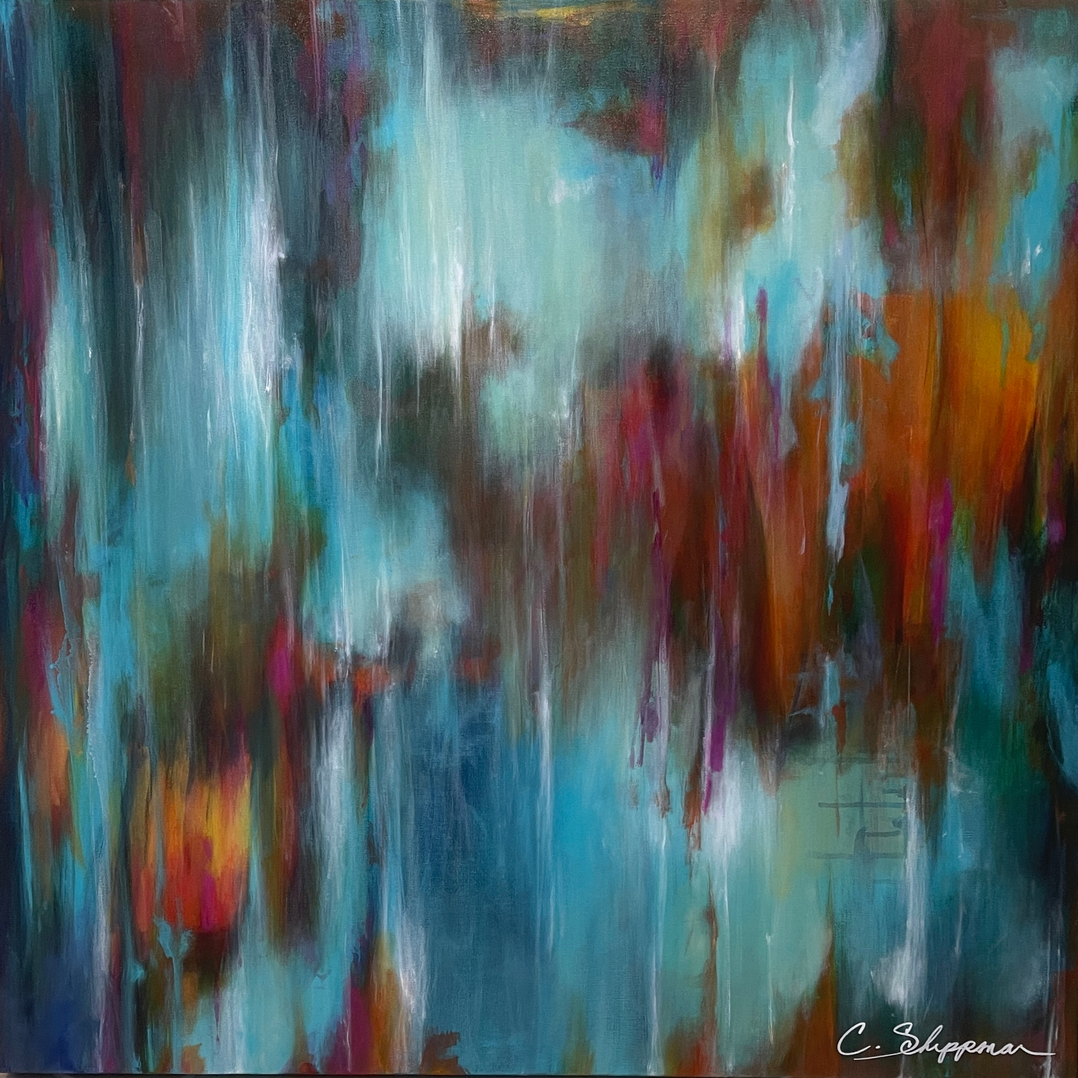 Electricity by Collette Scheppman, acrylic on stretched canvas with vertical turquoise, deep blue, orange and magenta brushstrokes